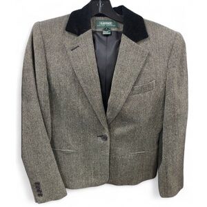 Lauren by Ralph Lauren Black Herringbone Wool Blazer Velvet Collar